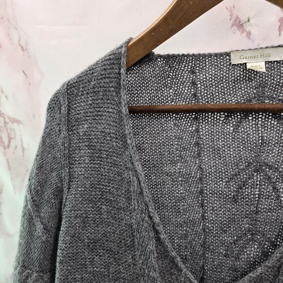 Garnet Hill Sweater Womens Small Gray Alpaca Wool V Balloon Sleeve Pointelle - Picture 2 of 10